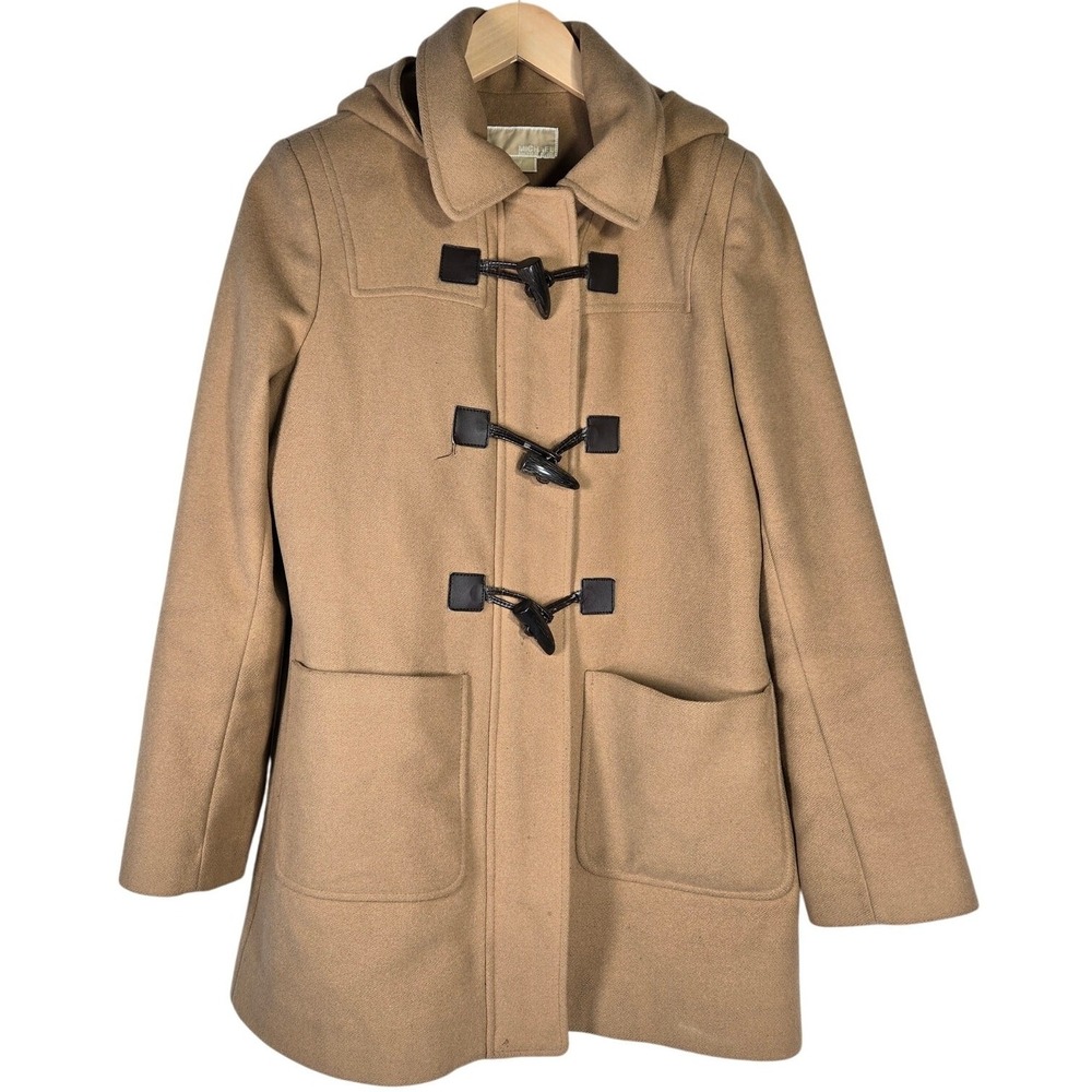 MICHAEL Michael Kors Tan Wool Blend Hooded Duffle Coat Toggle Closure Size 10